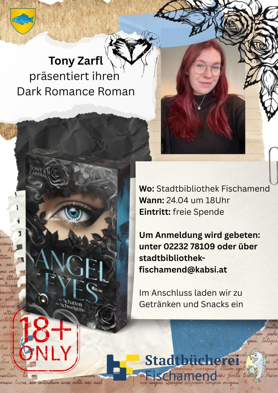 Plakat mit Daten der Lesung, Bild der Autorin und des Buchcovers
