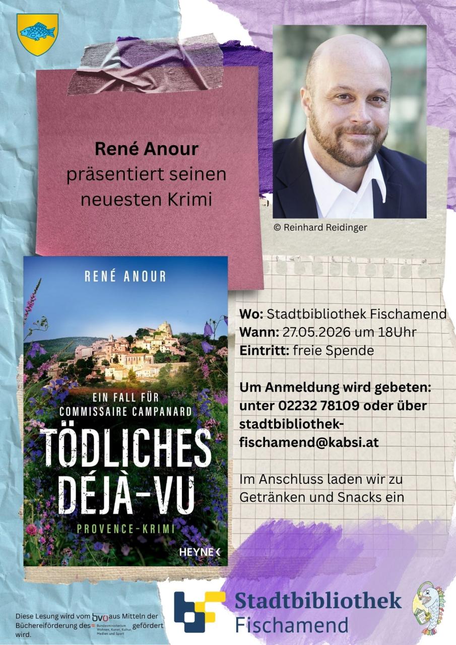 Plakat der Lesung, Bild von René Anour und dem Cover des Buches