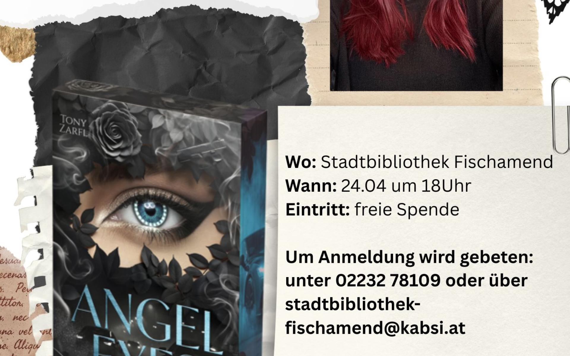 Plakat mit Daten der Lesung, Bild der Autorin und des Buchcovers