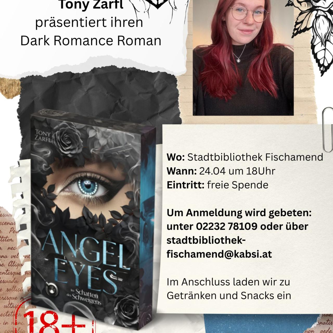 Plakat mit Daten der Lesung, Bild der Autorin und des Buchcovers