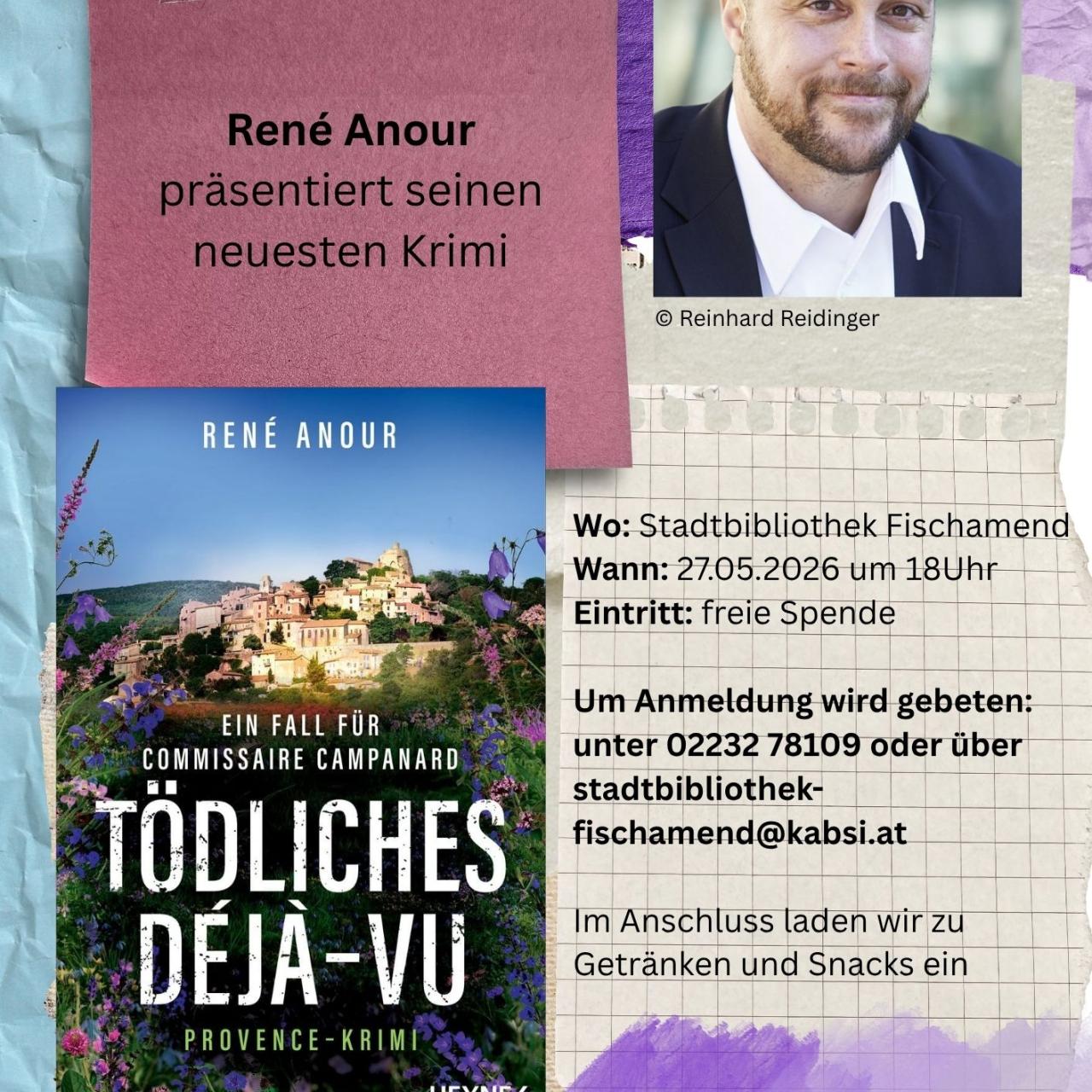 Plakat der Lesung, Bild von René Anour und dem Cover des Buches
